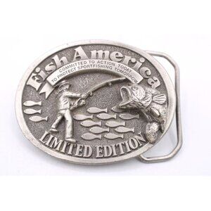 Fish America Belt Buckle Oval Design Sportfishing Pewter Ltd Edt USA Made Vtg